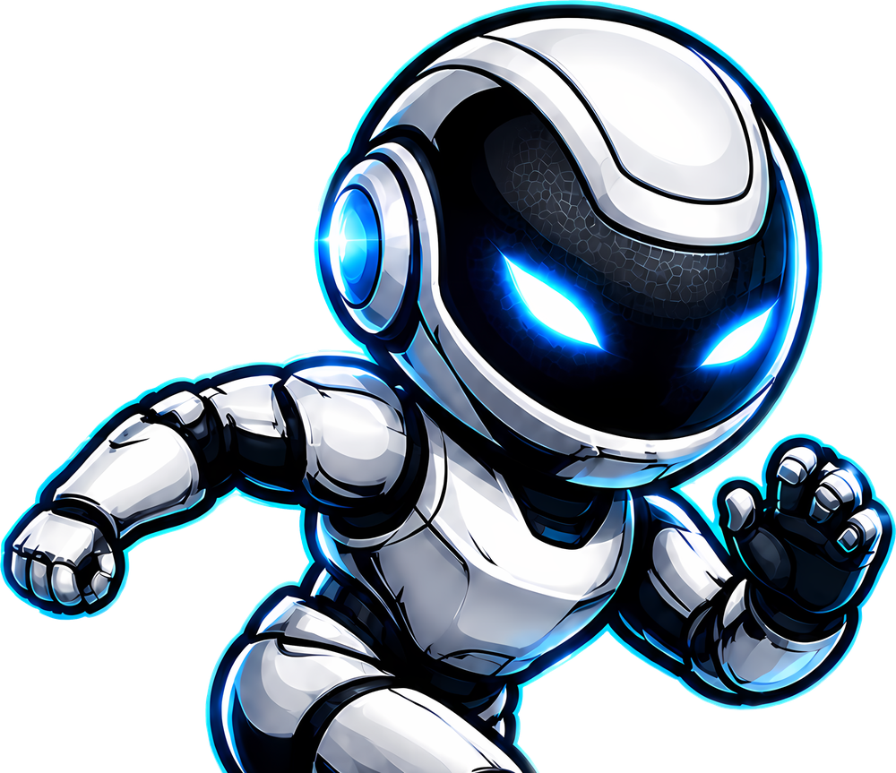 Маскот MaxRunner — робот-помощник со светящимися голубыми глазами